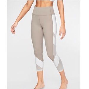 Athleta Exhale Mesh Capri Quail Tan and White Size Medium